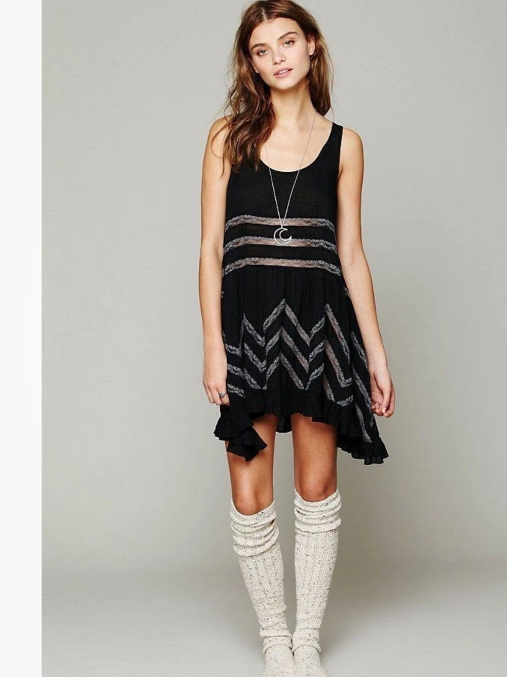 FREE PEOPLE INTIMATELY BOHO VOILE LACE TRAPEZE DRESS IN BLACK COMBO XS